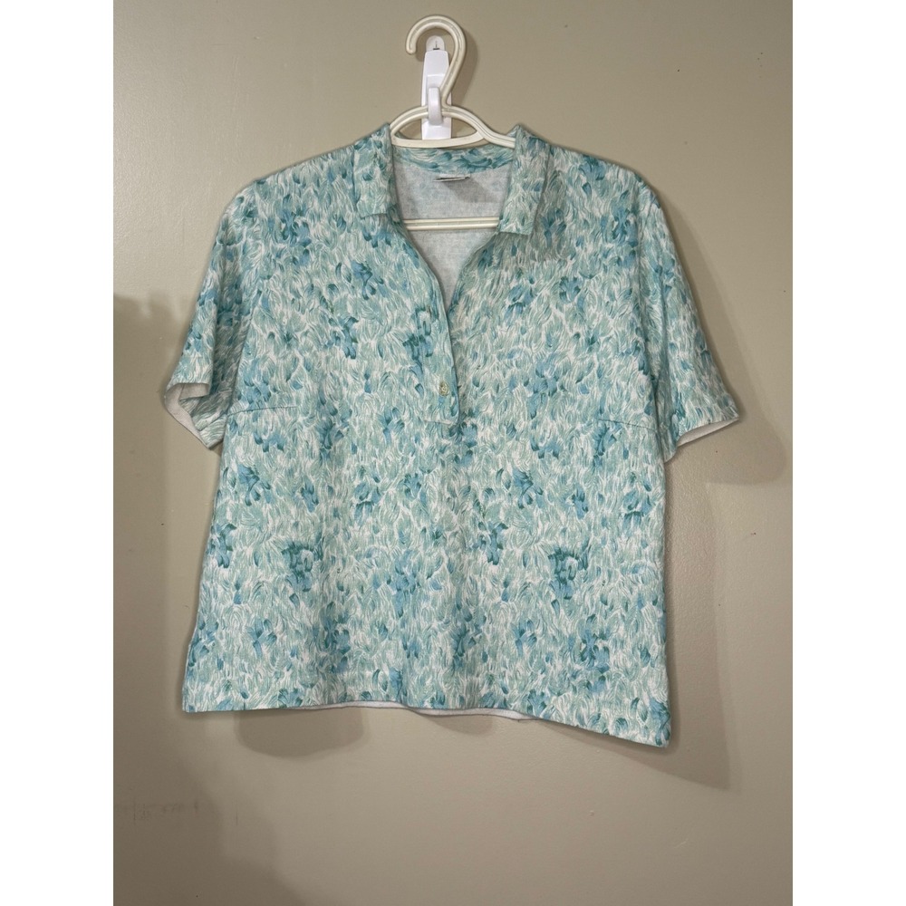 Vintage Freya West Germany Teal‎ Floral Knit Top Y2K Short Sleeve Medium